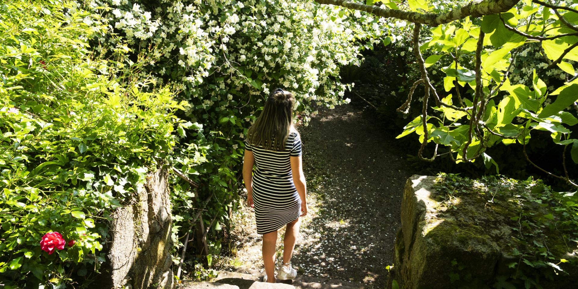 Femme descendant de la roseraie du Jardin exotique de l'Ile Tristan
