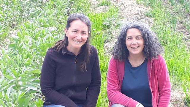 Ellen et Marie de la ferme de l'allée couverte accroupies dans un champ