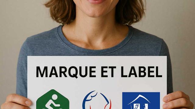 Femme tenant un panneau avec 3 logos de labels dessus: vélo accueil, marque qualité tourisme, tourisme et handicap